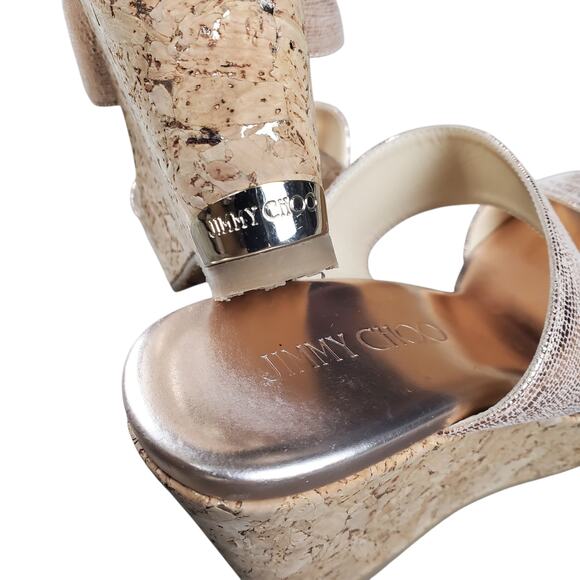 Jimmy Choo Metallic Beige Python Print Suede Parker Cork Wedge Sandals Size 37.5 - Picture 6 of 7